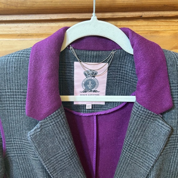 Juicy Couture Blazer Wool Blend Gray Plaid Purple Women's Jacket Size Medium - Picture 10 of 11
